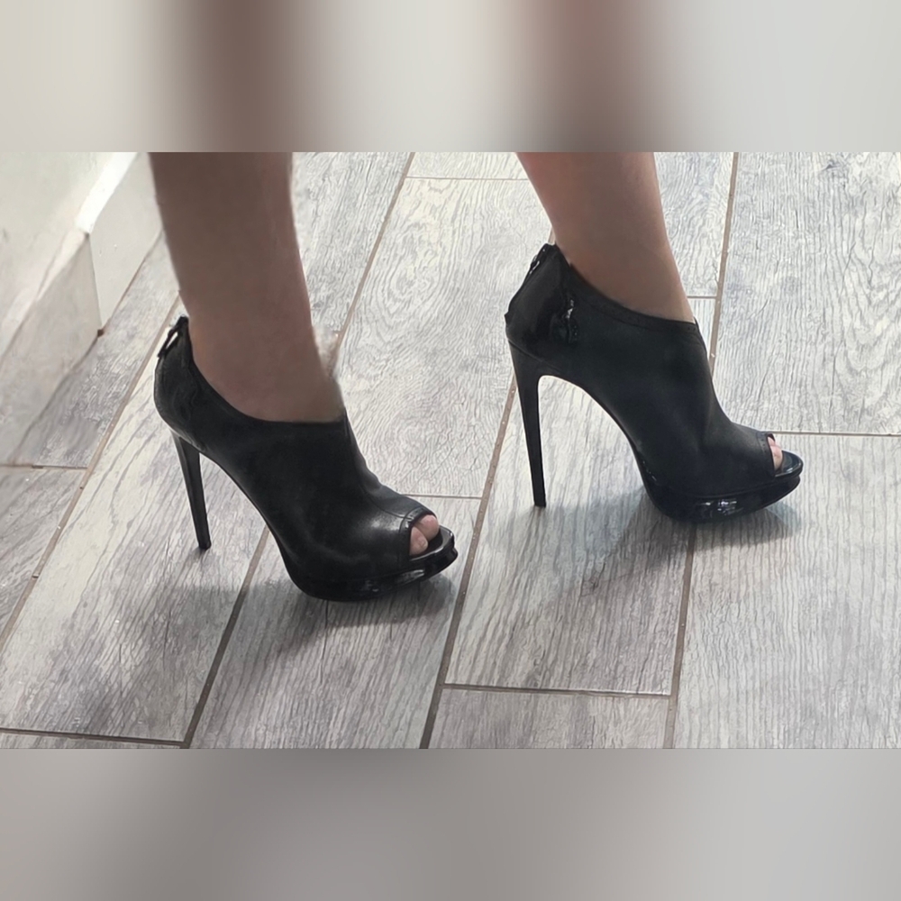 Black Stiletto Genuine Leather Peep-Toe Heels